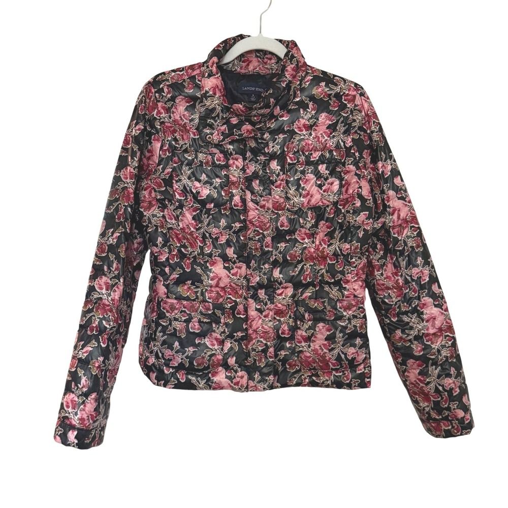 Lands' End Womens Floral Puffer Jacket Down Size S Pink Black Quilted Coat